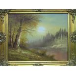 Framed oil on canvas forest & river scene signed B Howes & an oil on canvas portrait of a gentleman.