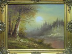 Framed oil on canvas forest & river scene signed B Howes & an oil on canvas portrait of a gentleman.