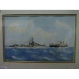 Framed & glazed watercolour of a Royal Navy Destroyer & a ferry, signed Nigel B Robinson, 2002.
