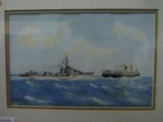 Framed & glazed watercolour of a Royal Navy Destroyer & a ferry, signed Nigel B Robinson, 2002.