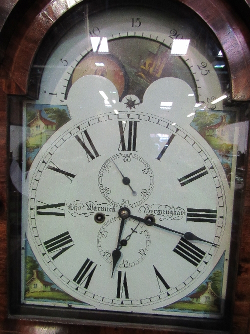 Parquetry long cased clock circa 1840 with enamelled face, moon faced dial, hand painted - Image 3 of 4