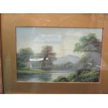 Gilt framed & glazed 19th century oil on canvas of a cottage, lake & woodland scene. Estimate £20-