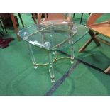Glass, brass & lucite low table, 61cms x 67cms x 55cms. Estimate £20-30.