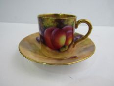 Royal Worcester coffee cup and saucer of painted fruit and foliage (REF 32)