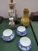 Oriental-style table lamp, 2 oriental vases & 3 oriental cups & saucers. Estimate £10-20.