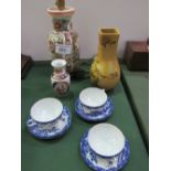 Oriental-style table lamp, 2 oriental vases & 3 oriental cups & saucers. Estimate £10-20.