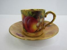 Royal Worcester coffee cup and saucer of painted fruit and foliage (REF 31)