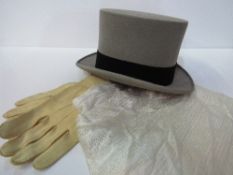 AJ White grey top hat, size approx 7 1/8 c/w white silk scarf & kid gloves in original hat box,