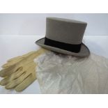 AJ White grey top hat, size approx 7 1/8 c/w white silk scarf & kid gloves in original hat box,