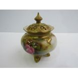 Royal Worcester rose painted Pot Pourri pot and lid, on three gilded feet; the knob on the lid has
