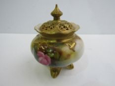 Royal Worcester rose painted Pot Pourri pot and lid, on three gilded feet; the knob on the lid has