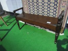 Mahogany bench on turned legs to hand rails, length 113cms x seat height 46cms x 38cms. Estimate £