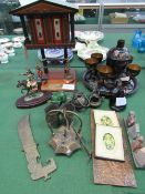 Qty of metal ware, various figurines, 2 miniatures & other items. Estimate £20-30.