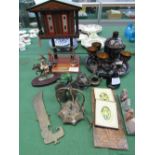 Qty of metal ware, various figurines, 2 miniatures & other items. Estimate £20-30.