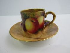 Royal Worcester coffee cup and saucer of painted fruit and foliage (REF 33)