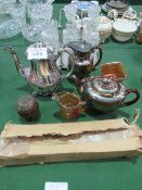 A roll of old prints of London, 2x WWI iron crosses, a tantalus, lustre ware jug, teapot & other