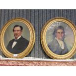 2 oval gilt framed oil on canvas portraits, Edwardian period dress, of a gentleman & a lady.