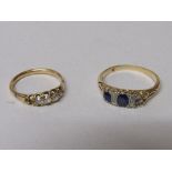 Gold ring set with sapphires and diamonds 1 sapphire missing Size R wt 3.7gms and gold coloured ring