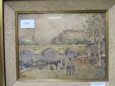 Framed & glazed watercolour of an embankment scene, signed F Schafer. Estimate £20-30.