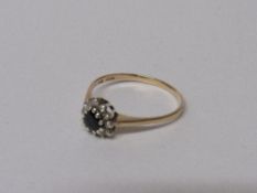 9ct gold ring set with heart shaped black stone & surrounded with diamond chips, 1.8gms, size R.