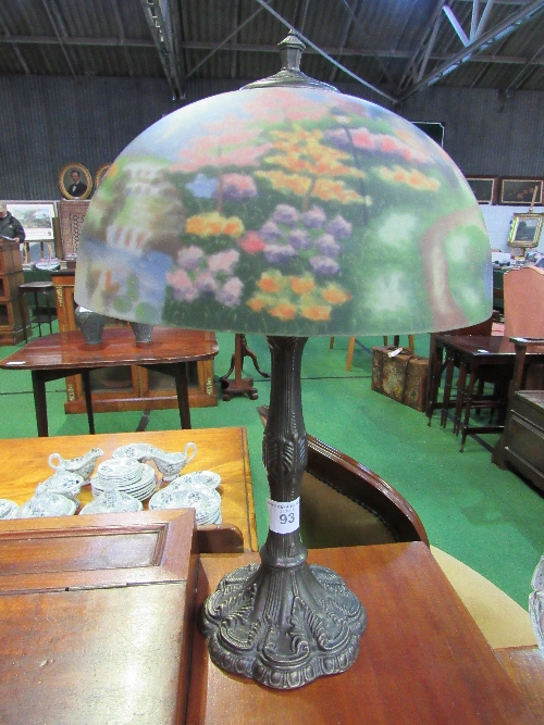 Metal table lamp with decorated ceramic shade