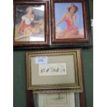 3 framed & glazed prints of 'Pin-ups' & 4 other various framed & glazed prints. Estimate £10-15.