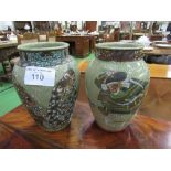 2 enamelled crackle glaze vases, Meiji/Taisho period, each painted with 3 Samurai warriors, 25cms.