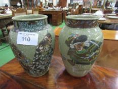 2 enamelled crackle glaze vases, Meiji/Taisho period, each painted with 3 Samurai warriors, 25cms.