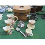 3 graduated Irish fire ceramics jugs, pewter quart measure, qty of silver plated items & a tin hat