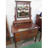 Mahogany small dressing chest of 2 drawers with shelf & mirror above, 92cms x 43cms x 147cms.