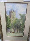 Framed & glazed watercolour of a church, signed M Gosschalk & a framed & glazed watercolour of