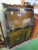 Oriental bureau with interior storage shelves, 5 drawers & 1 cupboard. Heavy brass hinges