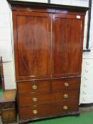 Victorian mahogany linen press with double doors above 2 short over 2 long drawers, 213cms x