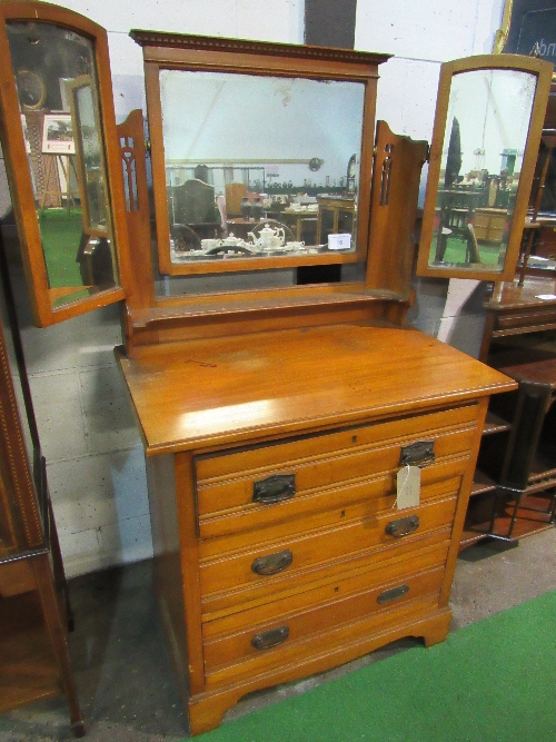 Mahogany dressing chest of 3 drawers with mirror above, 84cms x 52cms x 154cms. Estimate £10-20.