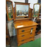 Mahogany dressing chest of 3 drawers with mirror above, 84cms x 52cms x 154cms. Estimate £10-20.