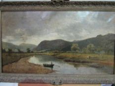 Gilt framed oil on canvas of river & mountain scene signed Brockman 1878 (believed Charles H Drake