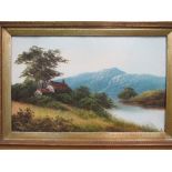 2 framed oils on board of mountain & lake scenes signed P May & a framed oil on board of children