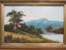 2 framed oils on board of mountain & lake scenes signed P May & a framed oil on board of children