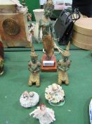 3 continental porcelain figurines, Balanese style table lamp & matching figurines. Estimate £20-30.