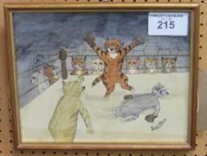 Pen, ink & watercolour cat cartoon signed Louis Wain 'Boxing Match', picture size 25.5cms x 31cms.