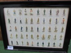 Framed & glazed collection of Player's military uniform cigarette cards. Estimate £5-10.