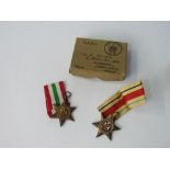 2 WWII medals in box, The Italian Star & The Africa Star. Estimate £20-30.