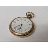Gold coloured cased pocket watch with white enamel face, Arabic numerals, hours & seconds & second