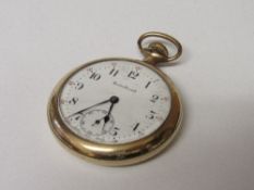 Gold coloured cased pocket watch with white enamel face, Arabic numerals, hours & seconds & second