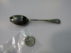 A F Sherley & Co patented silver plate medicine spoon & a white metal groat coin. Estimate £10-15