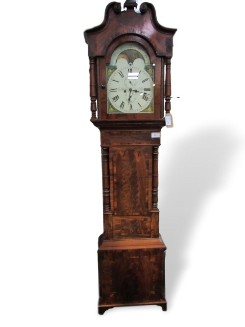 Parquetry long cased clock circa 1840 with enamelled face, moon faced dial, hand painted