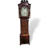 Parquetry long cased clock circa 1840 with enamelled face, moon faced dial, hand painted