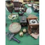 Brass oil lamp, brass trivet, old tins, Cuckoo clock & other assorted ware