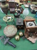 Brass oil lamp, brass trivet, old tins, Cuckoo clock & other assorted ware