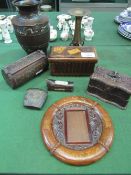 5 various wooden boxes, brass vase, metal pot & a circular wooden frame. Estimate £20-30.